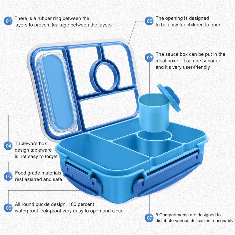 Amathley Bento Box Adult Lunch Box Kids,Lunch Containers for Adults/Kids/Toddler,5 Compartments Bento Lunch Box with Sauce Vontainers,Microwave & Dishwasher & Freezer Safe,BPA-Free(Blue) - Image 2